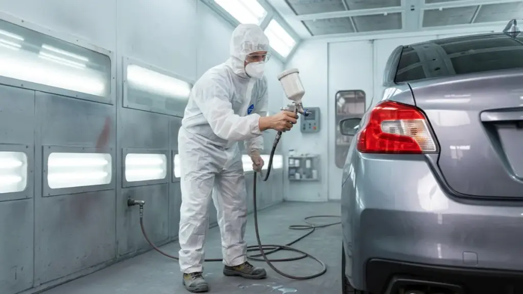man spraying the vehicle in paint booth