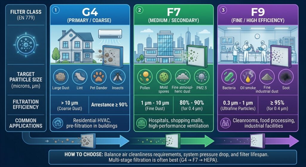 G4 vs F7 vs F9 air filter comparison by class, particle size, efficiency and application