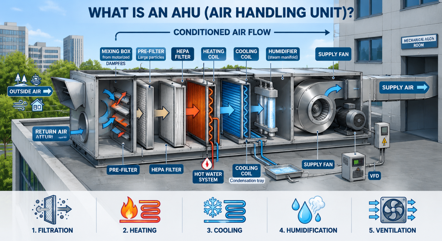 What is an AHU air handling unit and its filtration stages