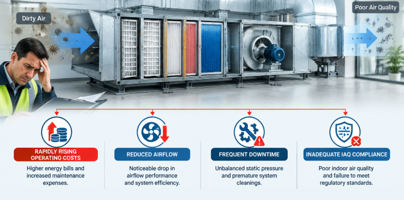 AHU problems from wrong filter selection: high energy bills, low airflow, frequent cleaning, poor IAQ