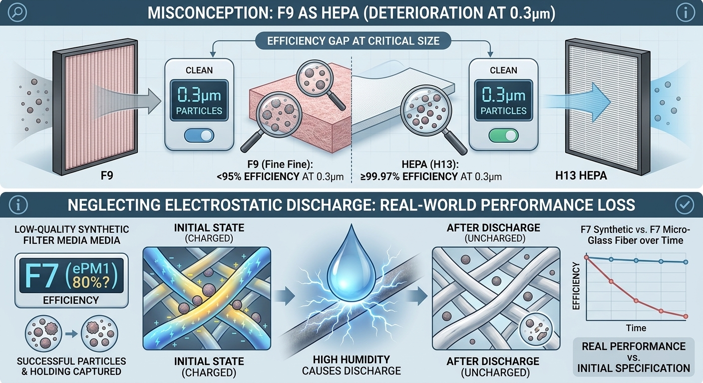 Common mistakes: F9 is not HEPA and electrostatic discharge loss