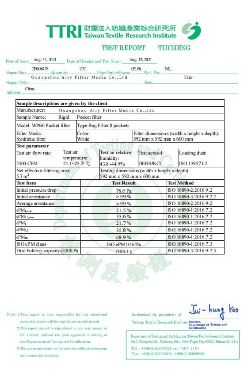 TTRI air filter test report confirming the rated efficiency