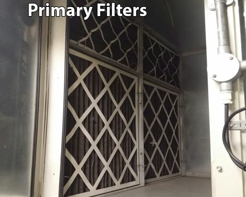 Primary filters installed in an AHU with diamond grid support